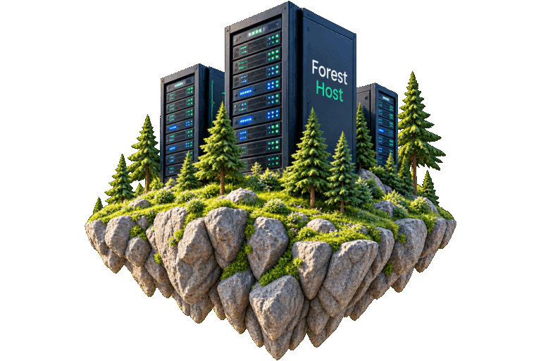 Серверные стойки Forest Host на парящем каменном острове